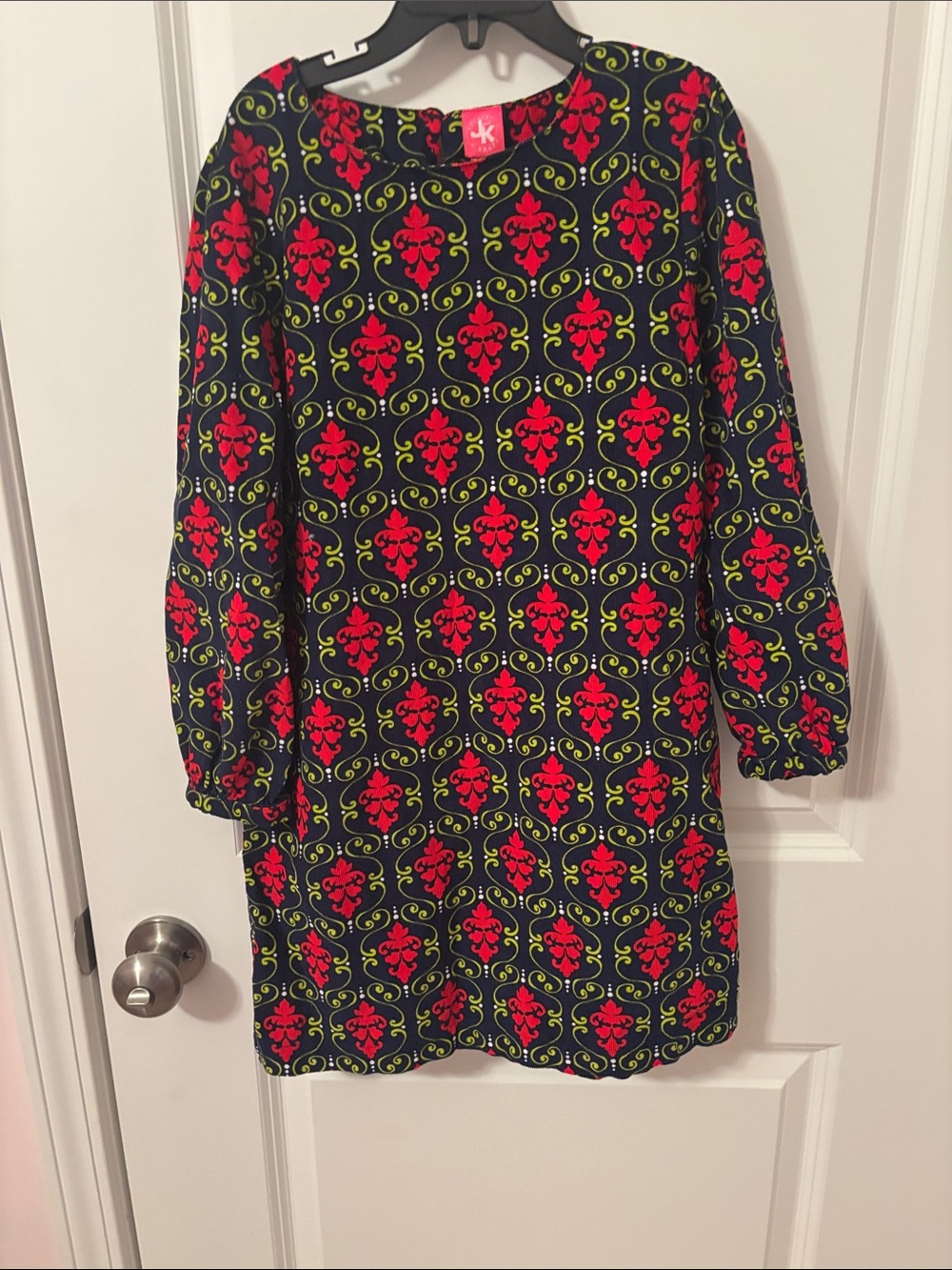 Girls J Khaki Navy Long-Sleeve Dress with Red and Lime Scroll Motif